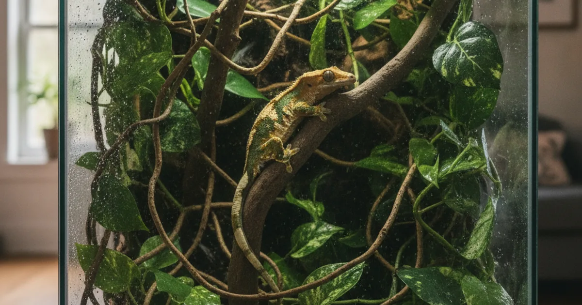 Terrarium tropical arboricole aménagé pour un gecko à crête avec branches et feuillage dense