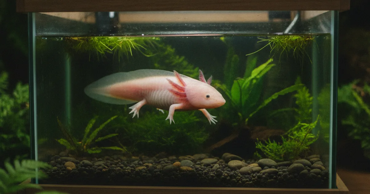 Axolotl leucistique flottant près de la surface dans un aquarium bien entretenu