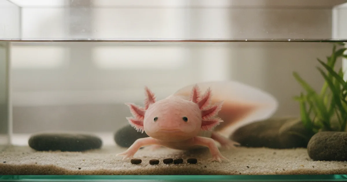 Axolotl sauvage dans un aquarium planté observant son environnement
