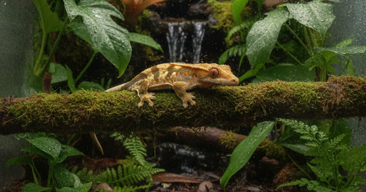 Gecko à crête sans queue posé sur une branche dans un terrarium tropical
