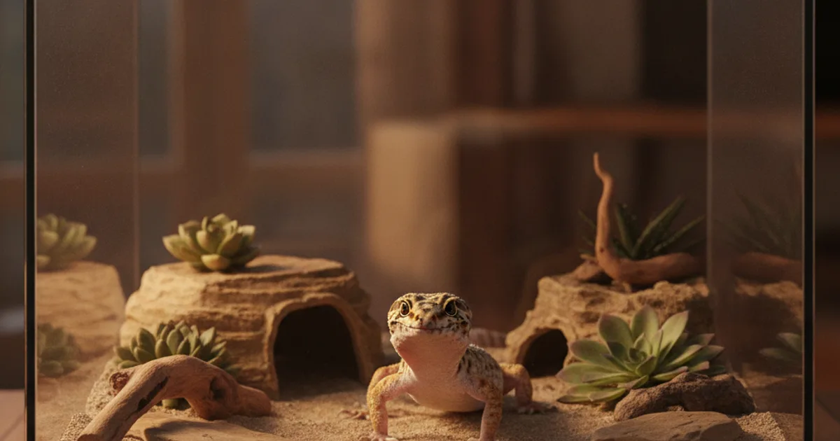 Gecko léopard posé délicatement sur une pierre dans son terrarium naturel.