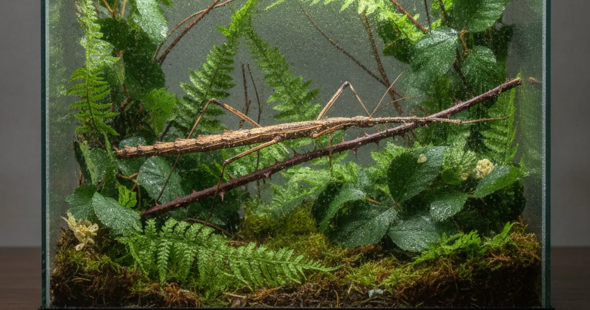 Phasme vert suspendu à une branche dans son terrarium lors de sa croissance