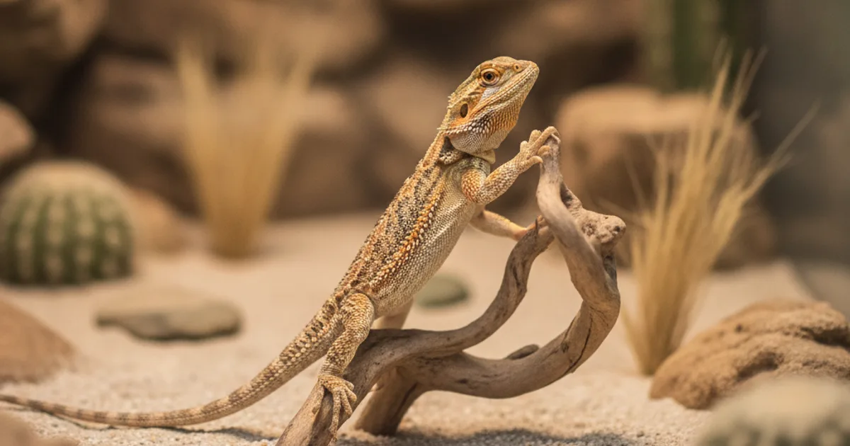 Pogona vitticeps effectuant un mouvement de salut avec sa patte avant dans un terrarium