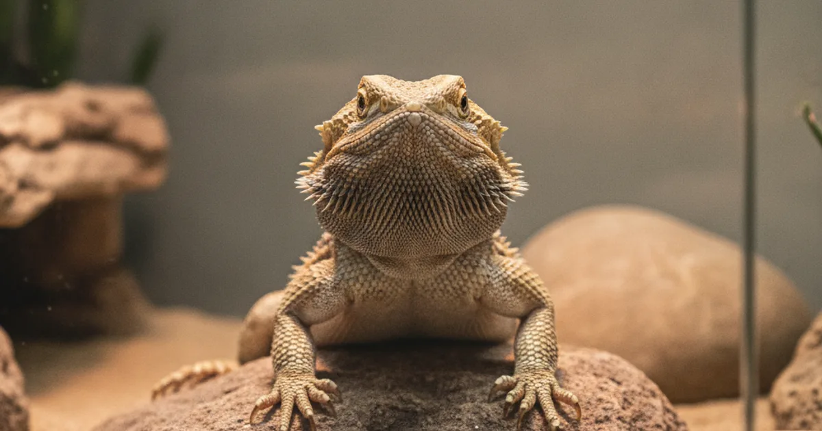 Pogona vitticeps gonflant et noircissant sa barbe gulaire sur une branche