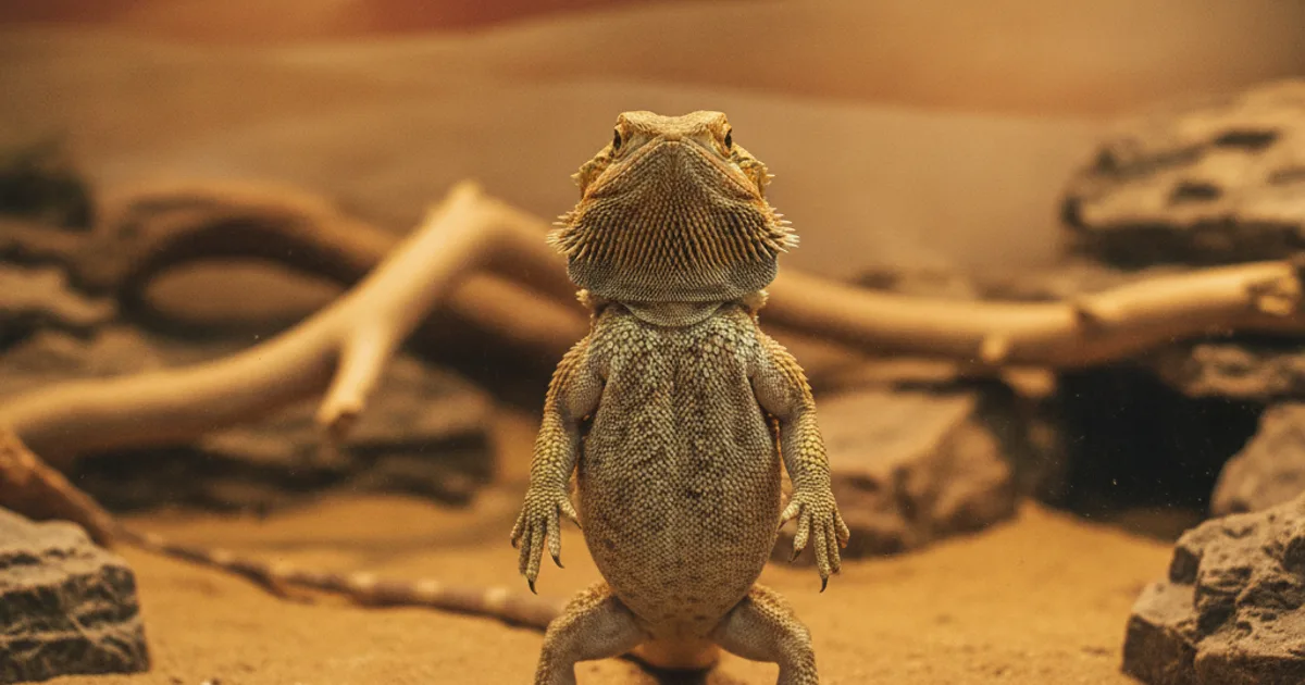 Agame barbu dressé sur ses pattes arrière contre la paroi en verre d'un terrarium désertique