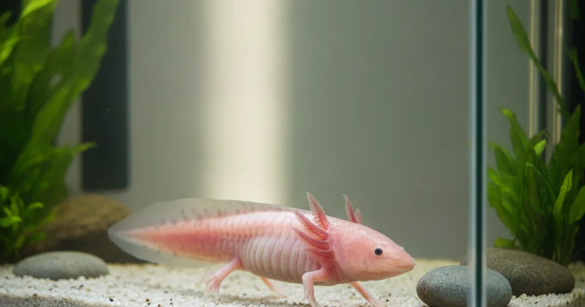 Un axolotl rose posé sur un sable très fin et blanc au fond d'un aquarium