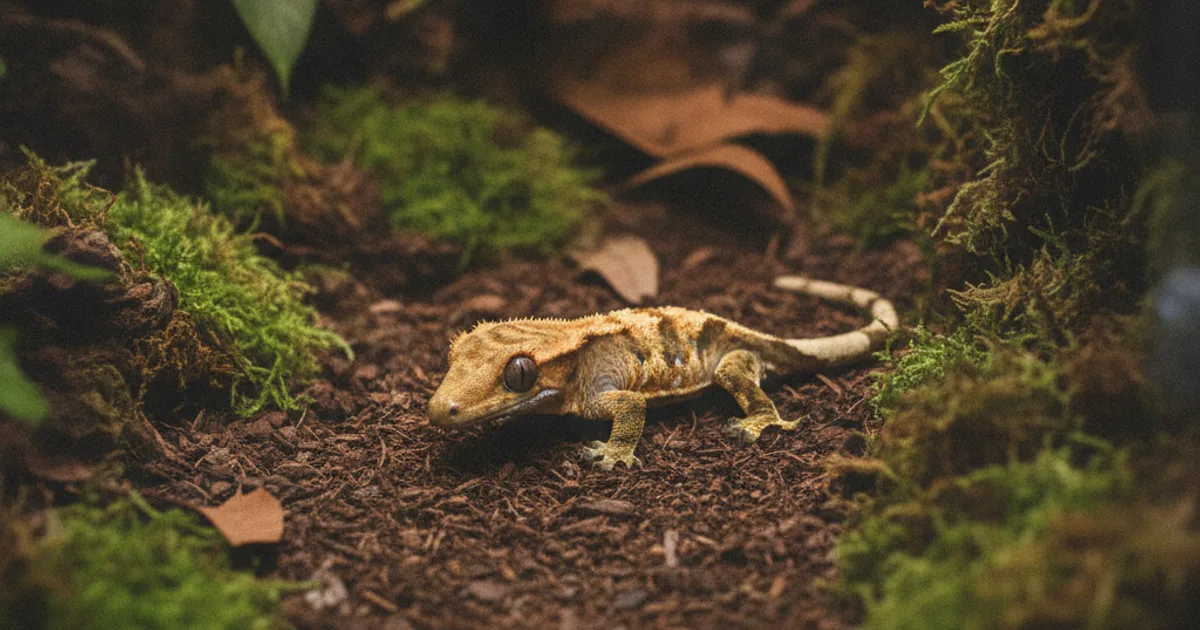 Terrarium tropical planté avec un gecko à crête sur une branche au-dessus d'un substrat humide