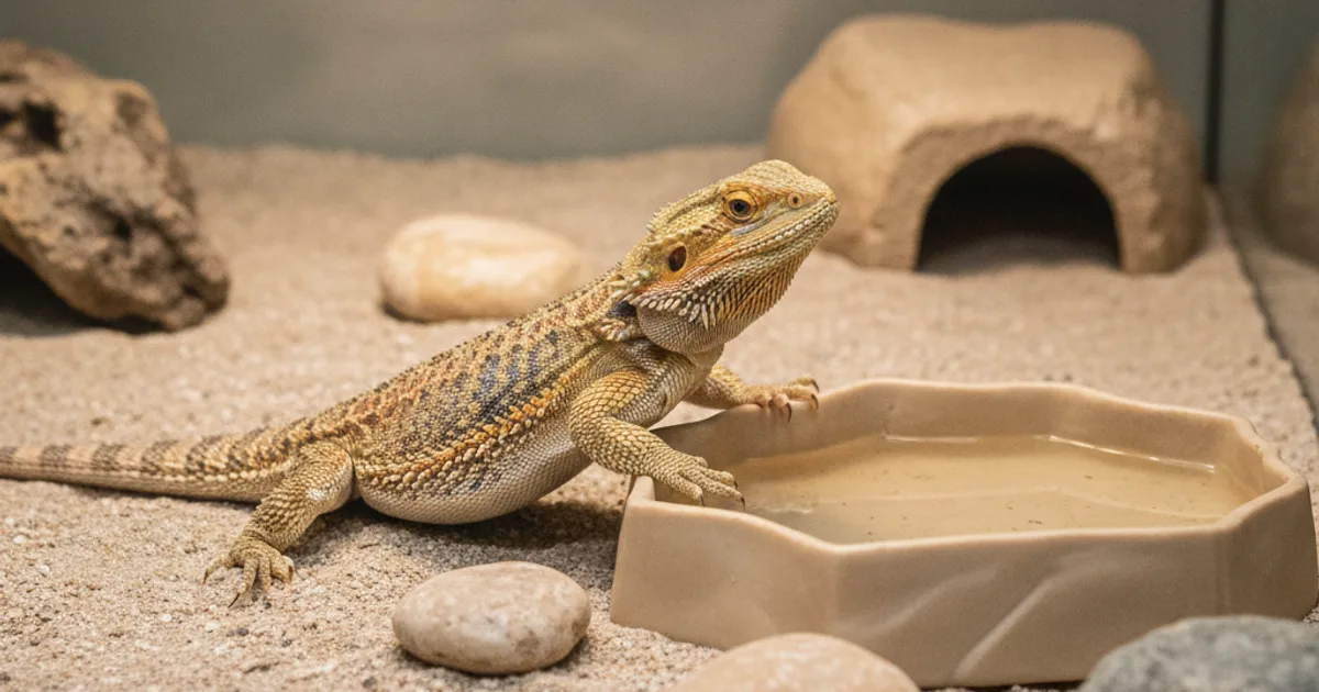 Une gamelle d'eau en résine naturelle installée dans le terrarium sec d'un pogona