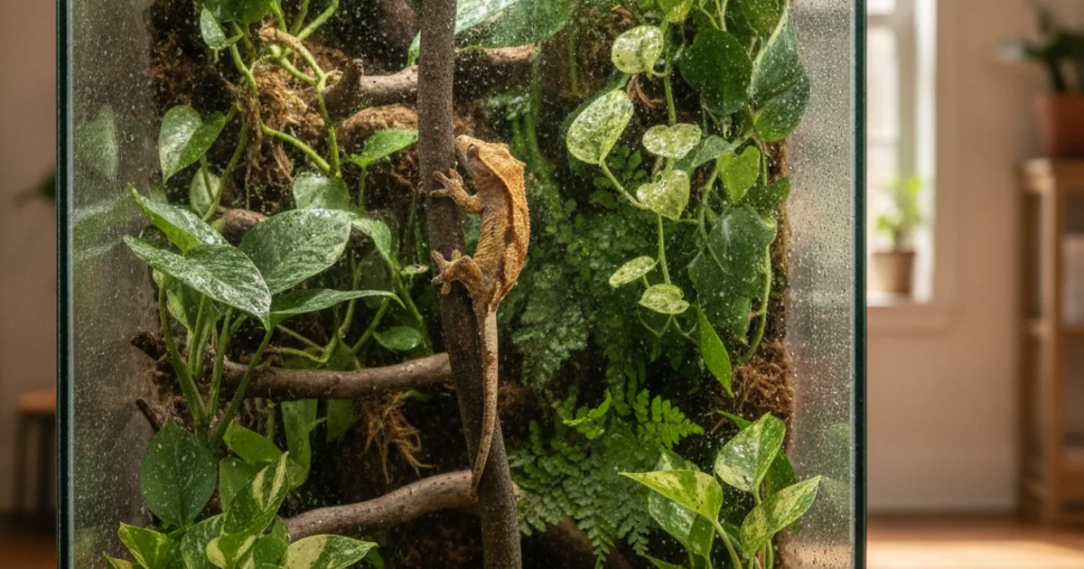 Terrarium vertical arboricole aménagé pour un gecko à crête adulte