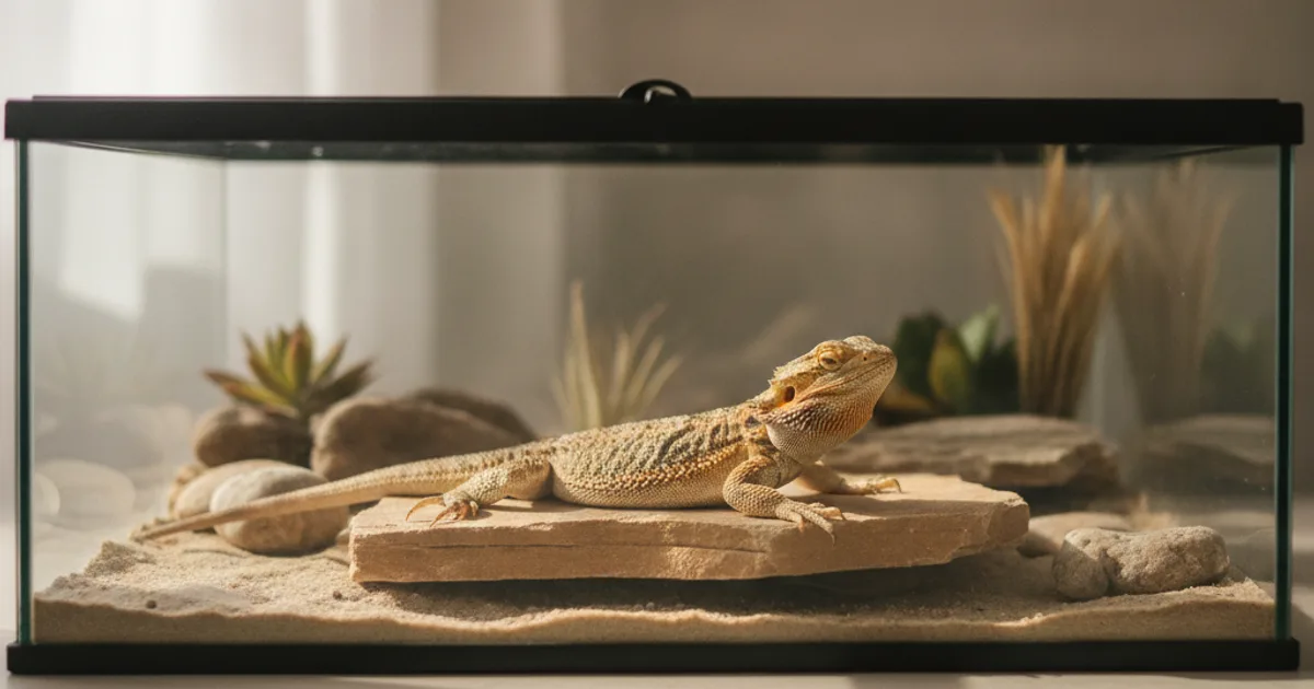 Terrarium équipé pour pogona avec zones thermiques distinctes et thermomètre
